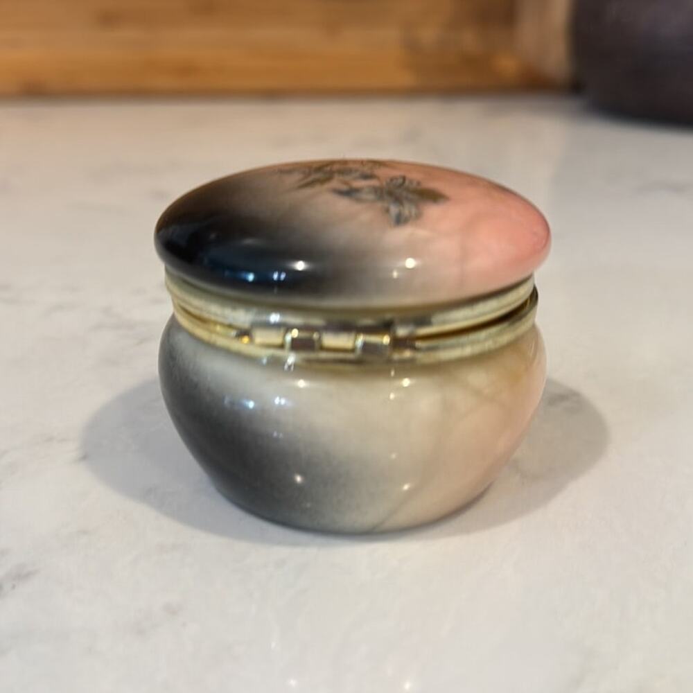 Vintage Alabaster Trinket Box Hinged Lid floralBlossom hand crafted In Italy
